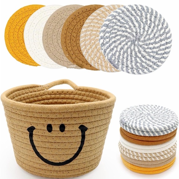 Other - Smiley Face Woven Basket with Coasters